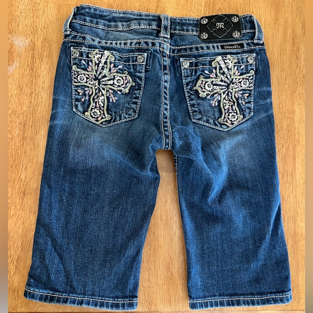 Miss Me Embroidered Studded Blue Denim Jeans Bermuda Shorts